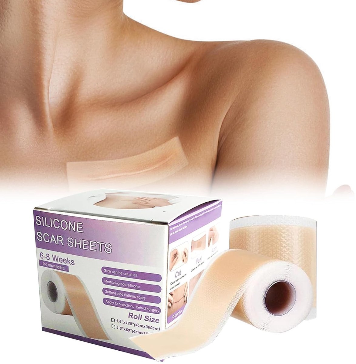 Herstel je huid met 2 Stuks Siliconen Littekenpleisters, 4x100cm Littekentape voor C Sectie, Effectieve Huidverzorging en Littekensverwijdering