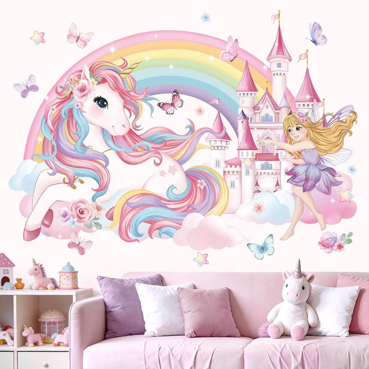 SnelShoppen - Wandsticker Eenhoorn Regenboog Roze Vlinder Wanddecoratie Meisjeskamer Kinderkamer Babykamer - Zelfklevend PVC Veilig en Waterdicht