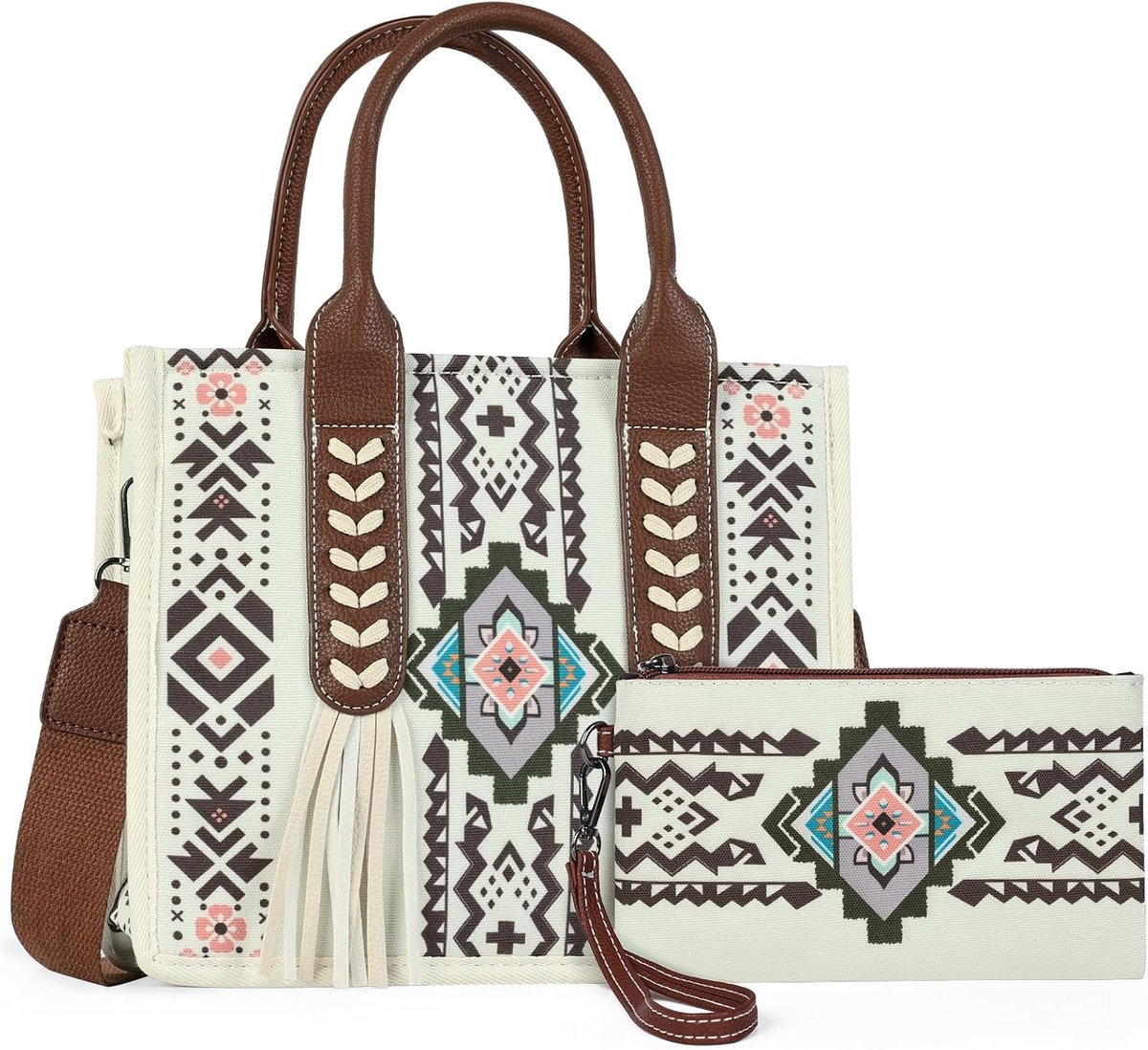 Stijlvolle Boho Tote Bag voor Vrouwen met Aztec Design en 2-in-1 Crossbody Portemonnee
