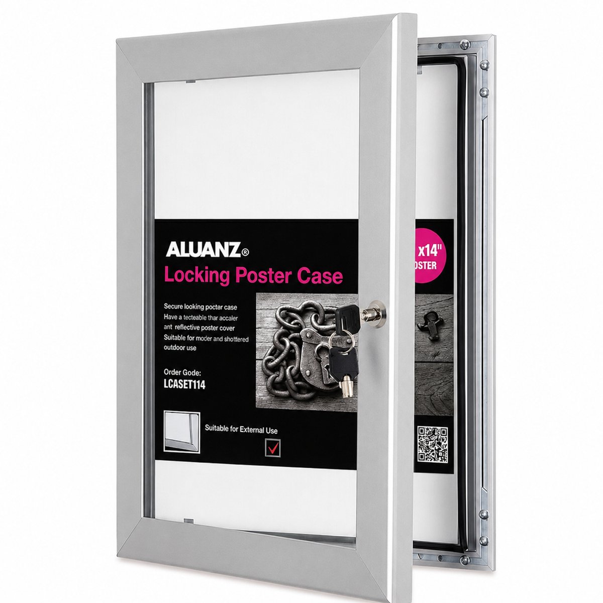 Aluanz Postervitrine A2 – Waterdichte Buitenvitrine – Afsluitbare Wandvitrine – Aluminium – Binnen & Buiten – 42 x 59,4 cm zilver
