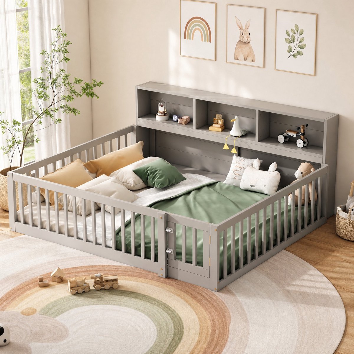 WUVRIE Bedbank 140x200 cm met lattenbodem, opbergvakken en veiligheidsrails, grijs