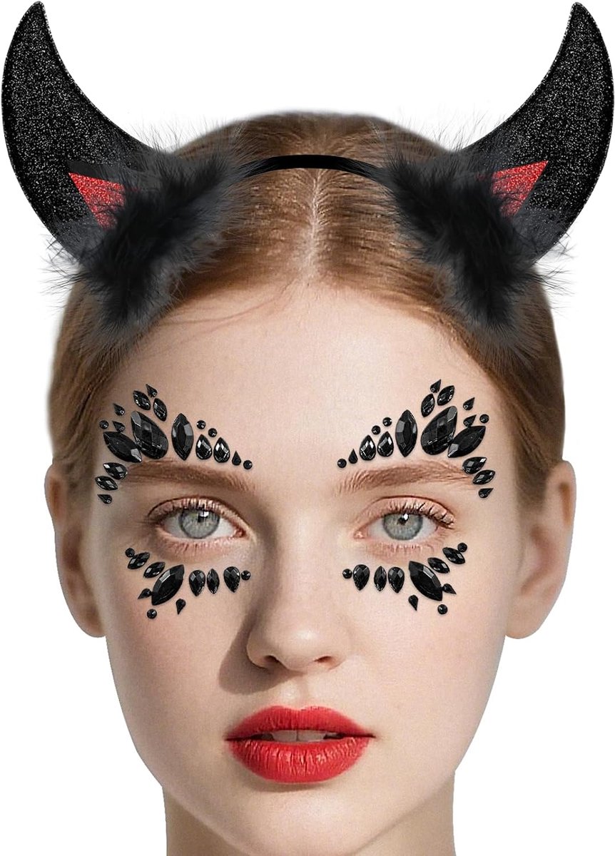 Haarband met duivelshoorntjes met glitterstenen, 1 zwarte duivelhoorn haarband + 1 zwarte edelsteen kristal, gezichtstatoeage met glitterstenen, Halloween, rollenspel