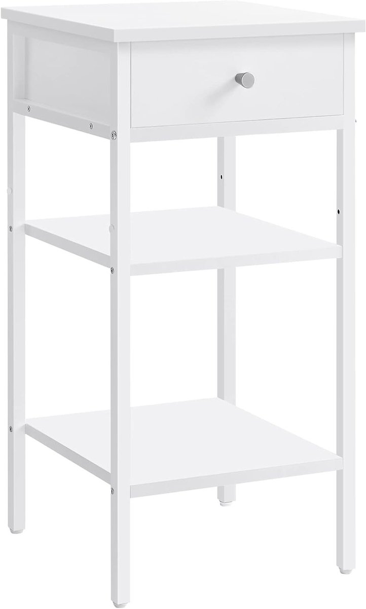 Nachtkastje met Lade en 2 Planken – Wit – 35 x 35 x 70 cm – Metalen Frame – Bijzettafel voor Slaapkamer en Woonkamer