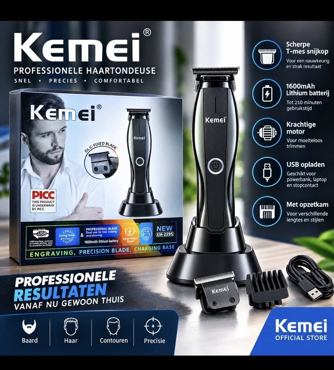KM-2295 Professionele Tondeuse Set – Draadloze Haartrimmer – Kapper Tondeuse – Inclusief Opzetkammen