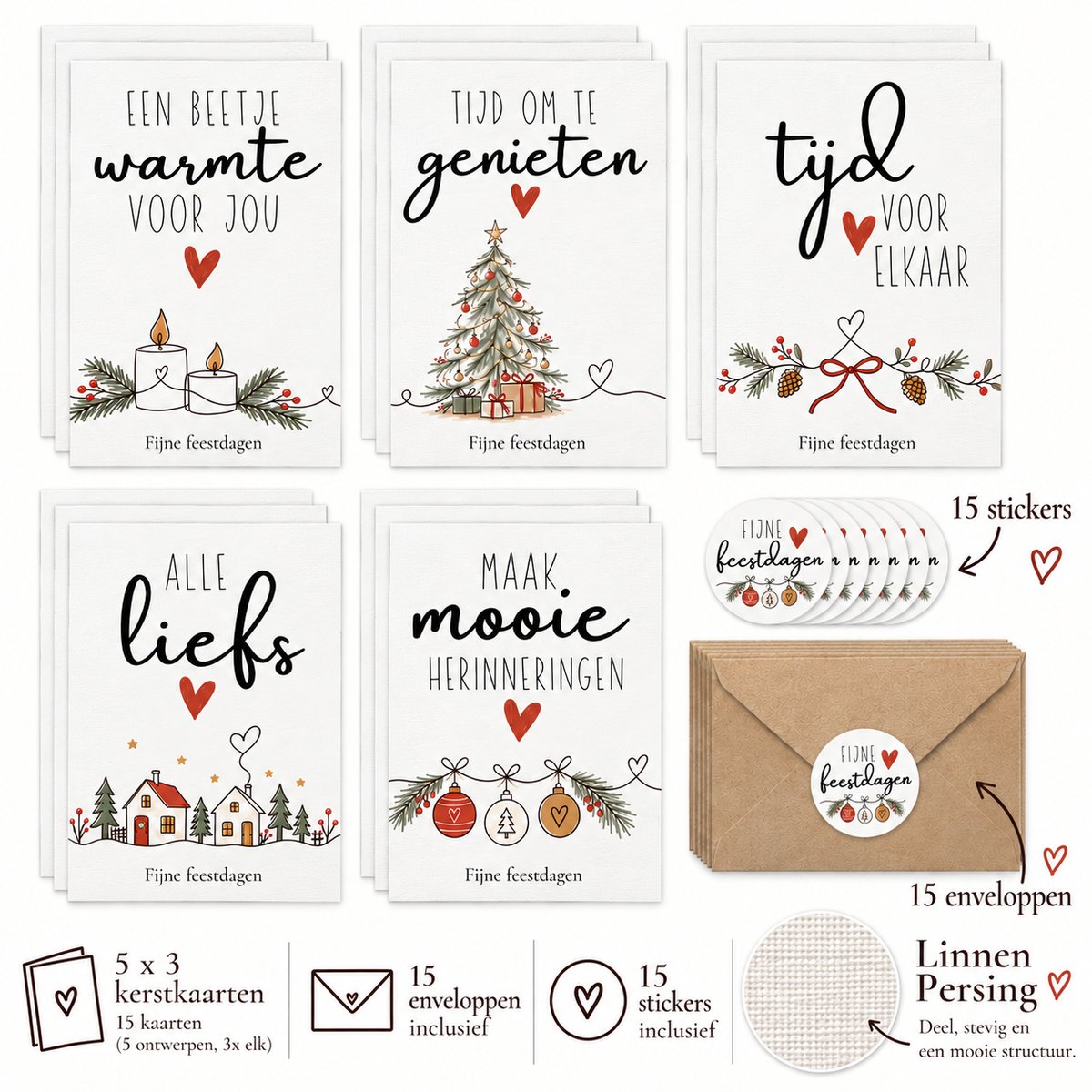 Lise Schrijft | Linnen Persing Kerstkaarten A6 | 15 kaarten | 5 verschillende ontwerpen | inclusief kraft enveloppen & sluitstickers | Linnen Persing 300 grams | FSC Mix