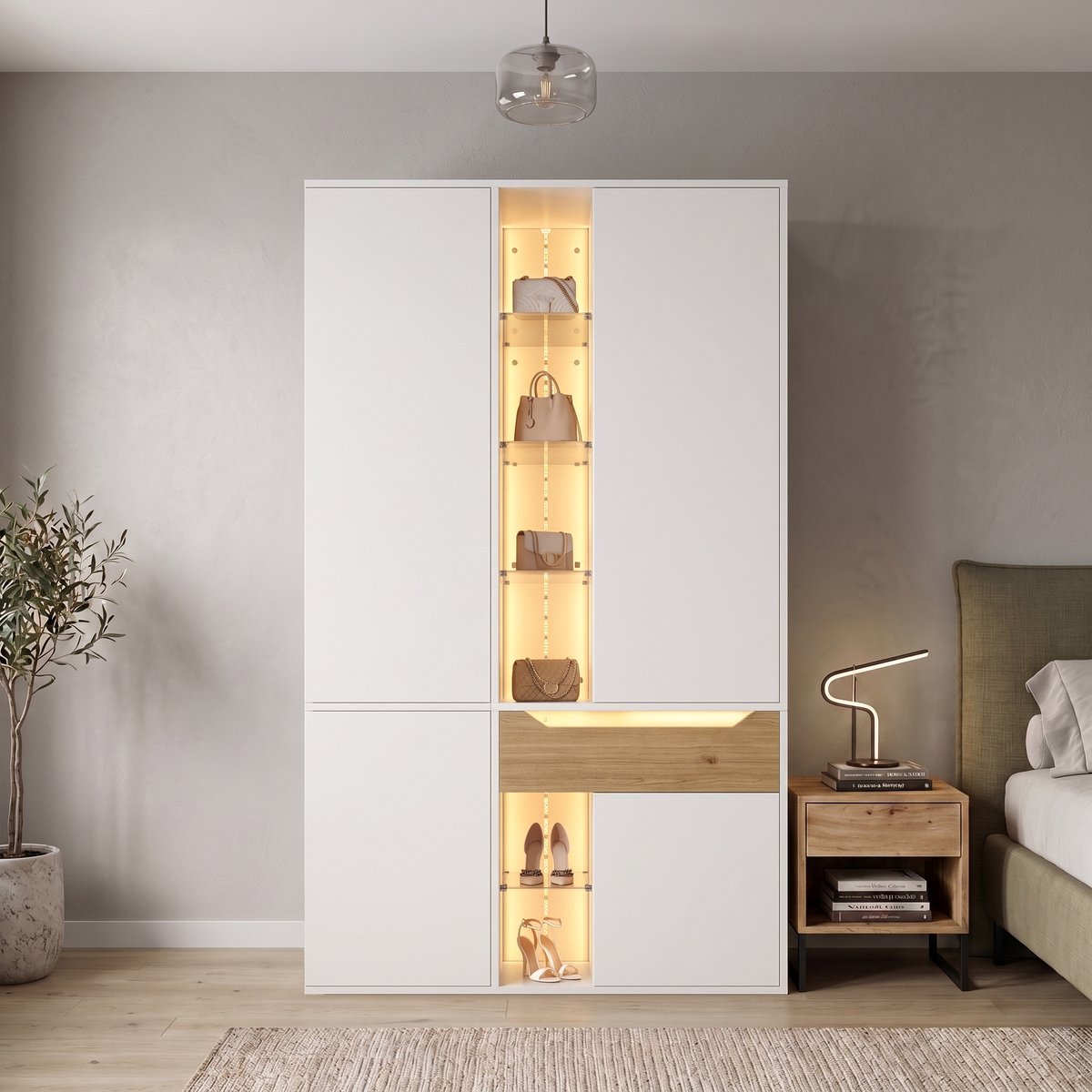 MIVRAY Kledingkast - Ledverlichting En Glazen Vitrine - Hangruimte, Lade En Opbergvakken - MDF - 122x50x200 Cm - Wit