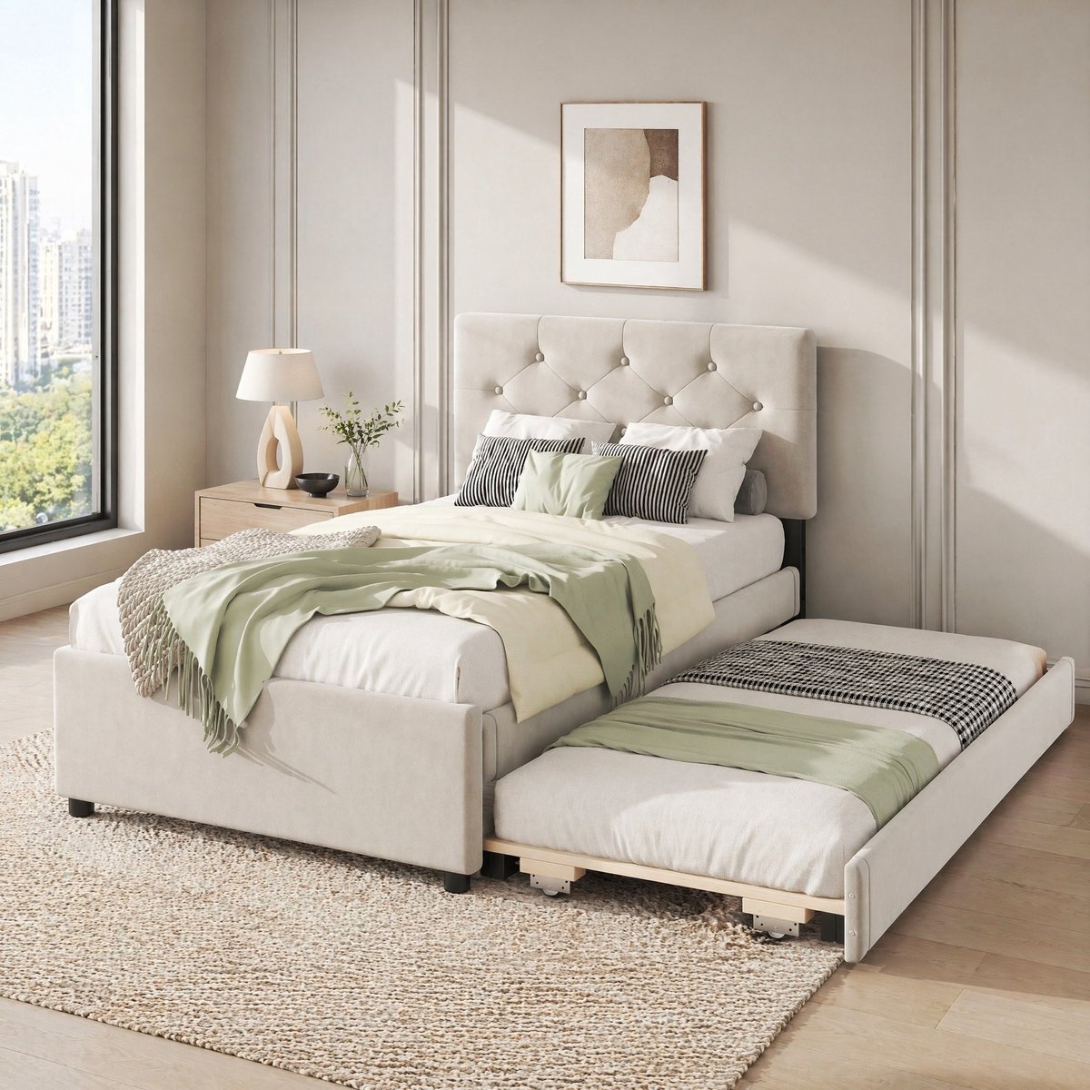 WUVRIE Gestoffeerd bed 90x200 cm met uitschuifbaar bed, lattenbodem en knoopdetail, beige