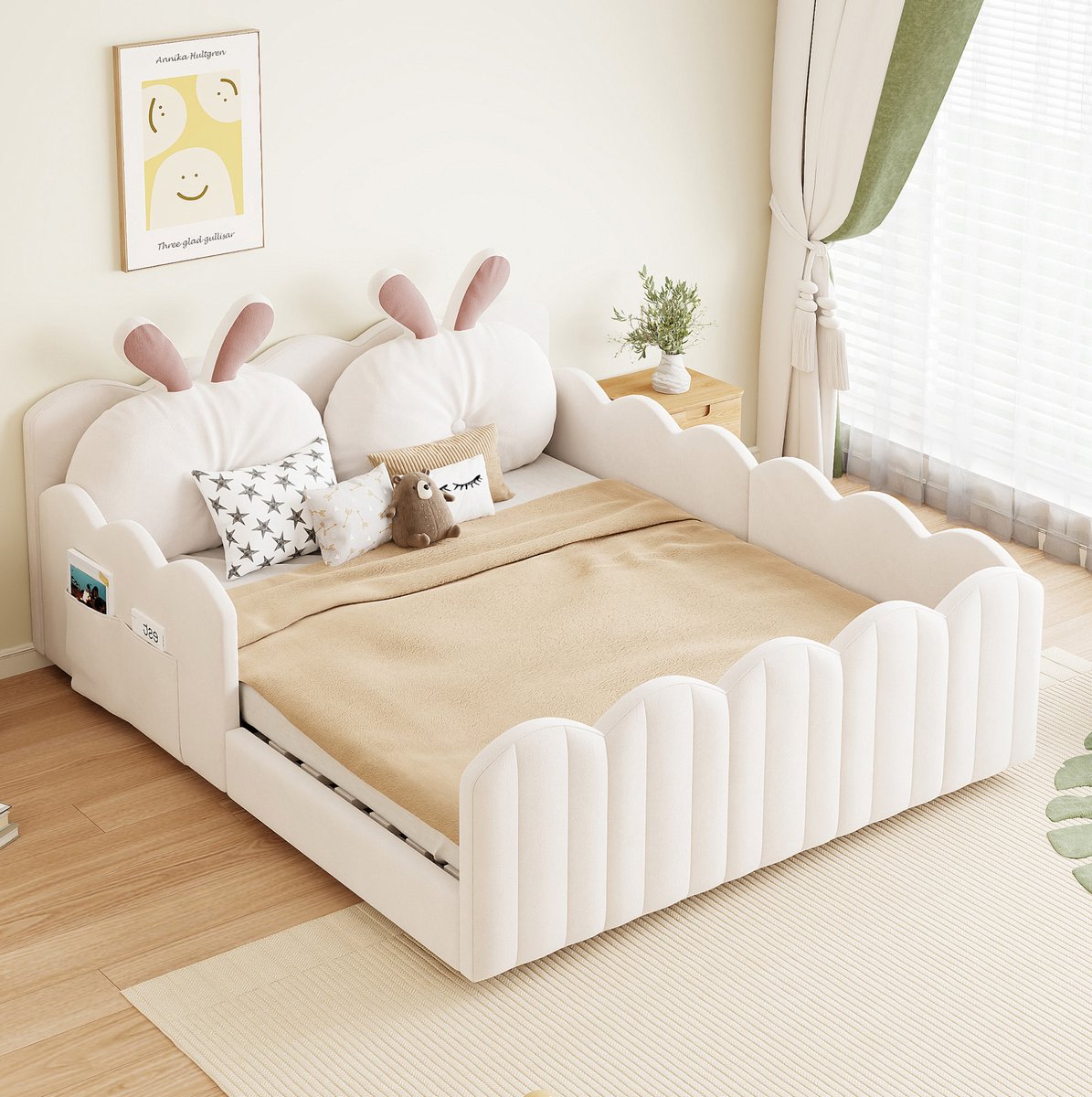 WUVRIE Gestoffeerd kinderbed 140x200 cm met konijnenoren, lattenbodem en uitvalbeveiliging, beige