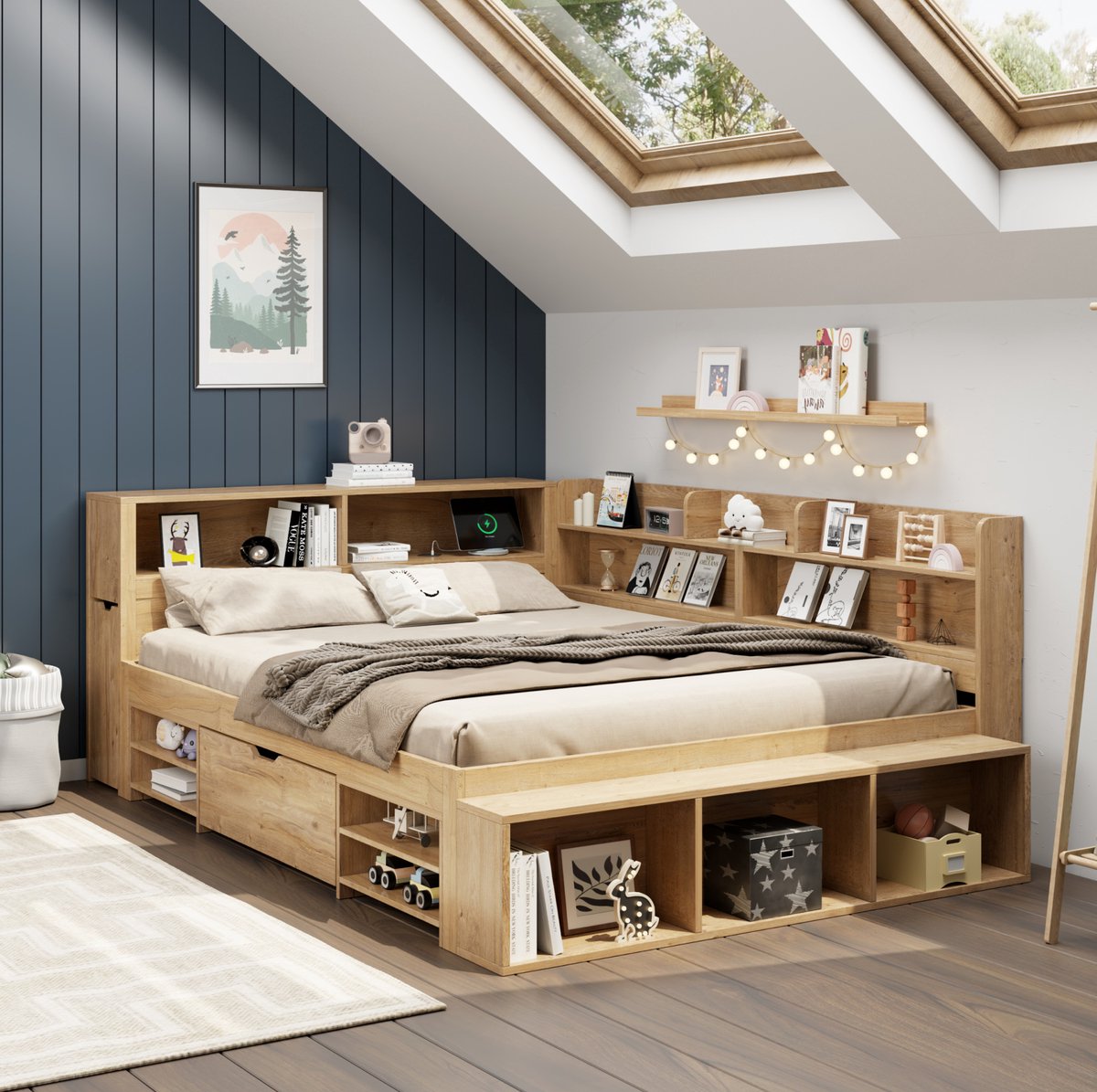 WUVRIE Kinderbed 140x200 cm met lattenbodem, lade, opbergkasten en boekenplanken, naturel