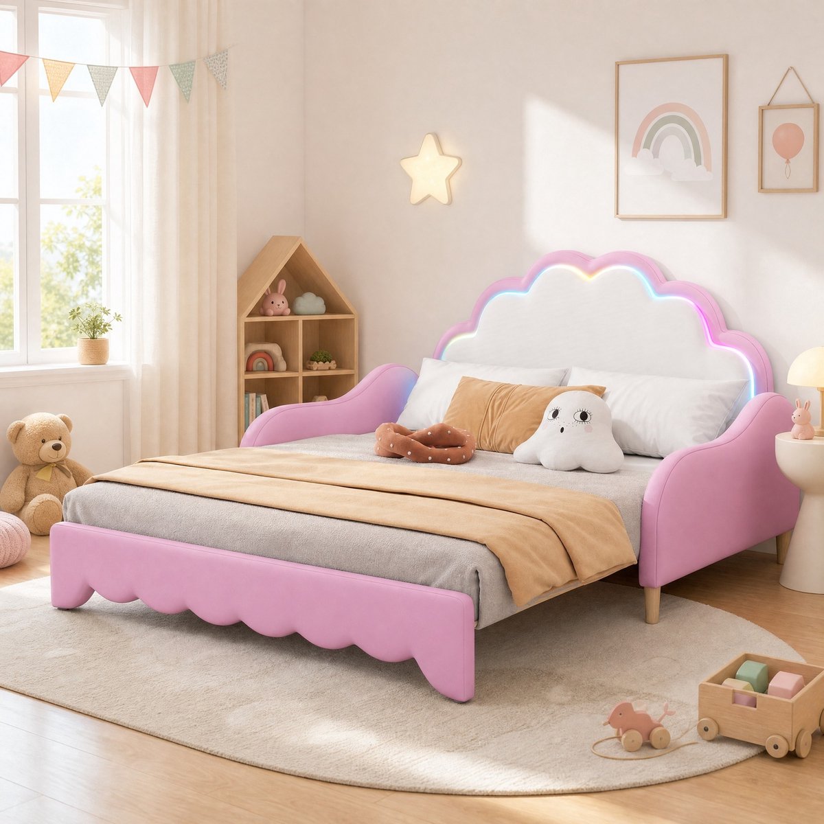 WUVRIE Slaapbank met LED-hoofdbord en lattenbodem, 140 x 198 cm matrasmaat, roze