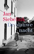 Boekcover: 'De blauwe nacht' door Jan Siebelink. Een vrouw met jurk loopt met hond.