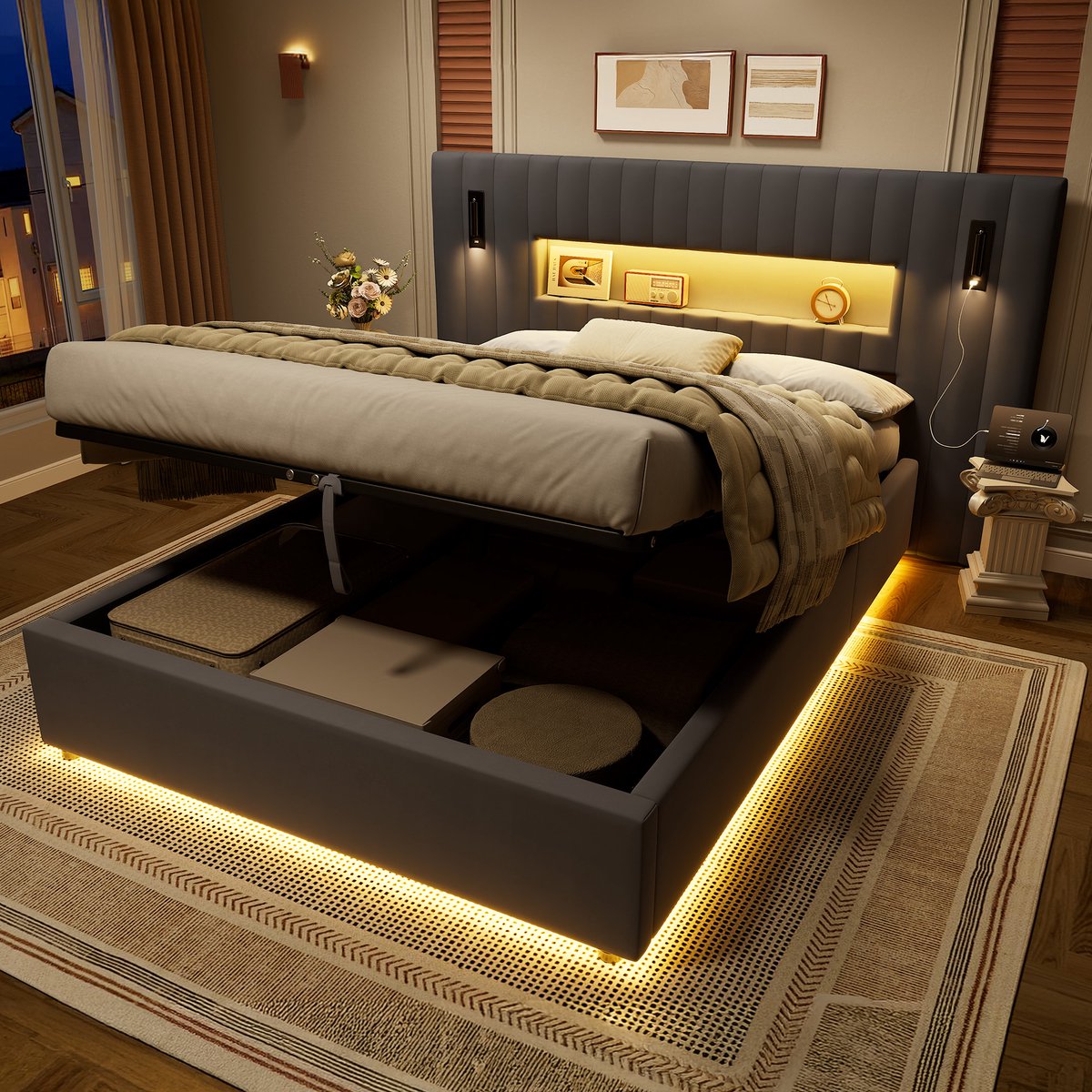 Wishdor Gestoffeerd Tweepersoonsbed 140x200cm met Opbergruimte - Grijs - Fluwelen Bed met Leeslampjes, USB & Lattenbodem - Gasveer - Breed Hoofdbord