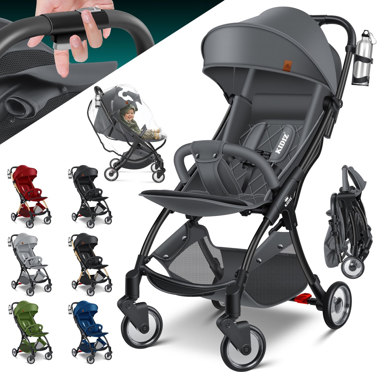 KIDIZ® Kinderwagen Premium - inklapbare buggy met ligstand - 360° wielen en 5-puntsgordel - grijs