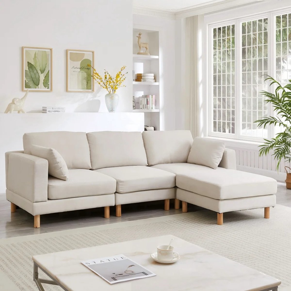 Prime Home Scandinavische Hoekbank - 3-zits - L-vormig - Gestoffeerd - Houten poten - 235 x 152 x 78cm - Beige