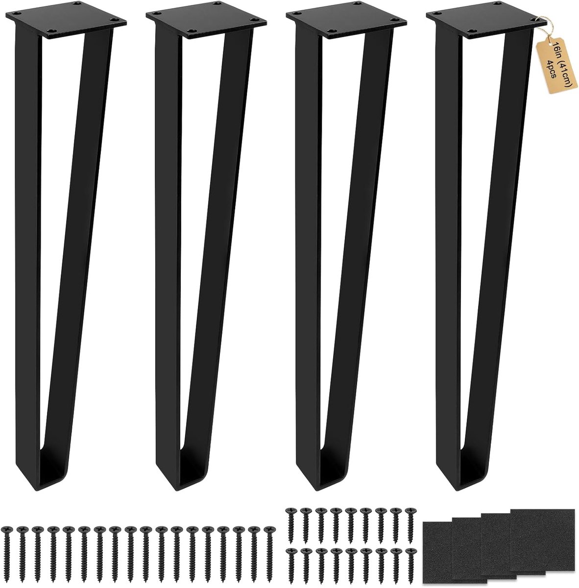4 stuks tafelpoten, U-vorm, metaal, zwart, 41 cm/41 cm, met vloerbescherming en schroeven, koudgewalst staal - ShopVlot