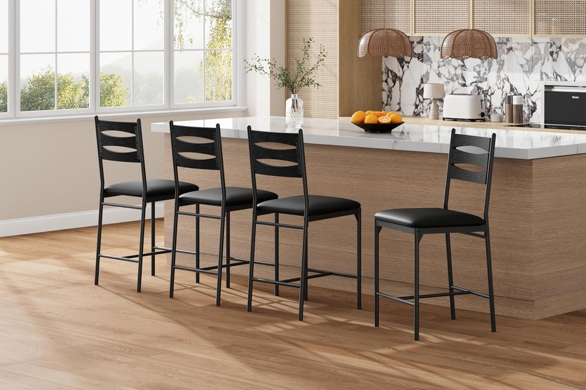 Barkrukken Set van 4 - Houten Rugleuning Barstoelen PU Kussen 113kg
