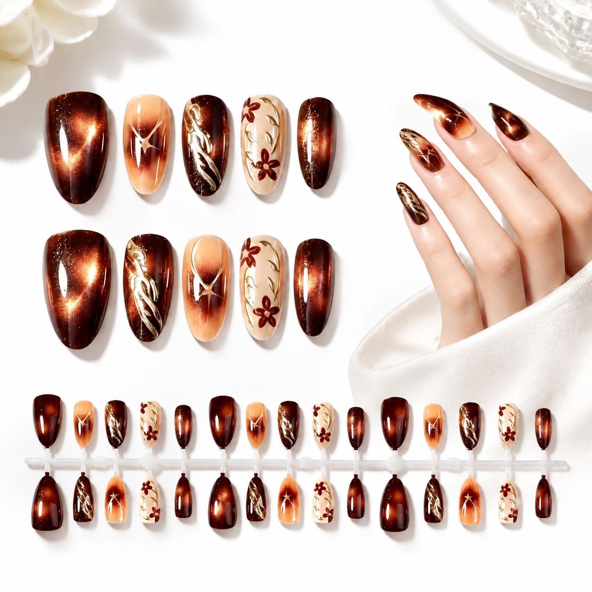 VHV - Herfst Bloemen Press On Nails - 30 Stuks - Amandelvorm - Plaknagels - Nepnagels - Kunstnagels