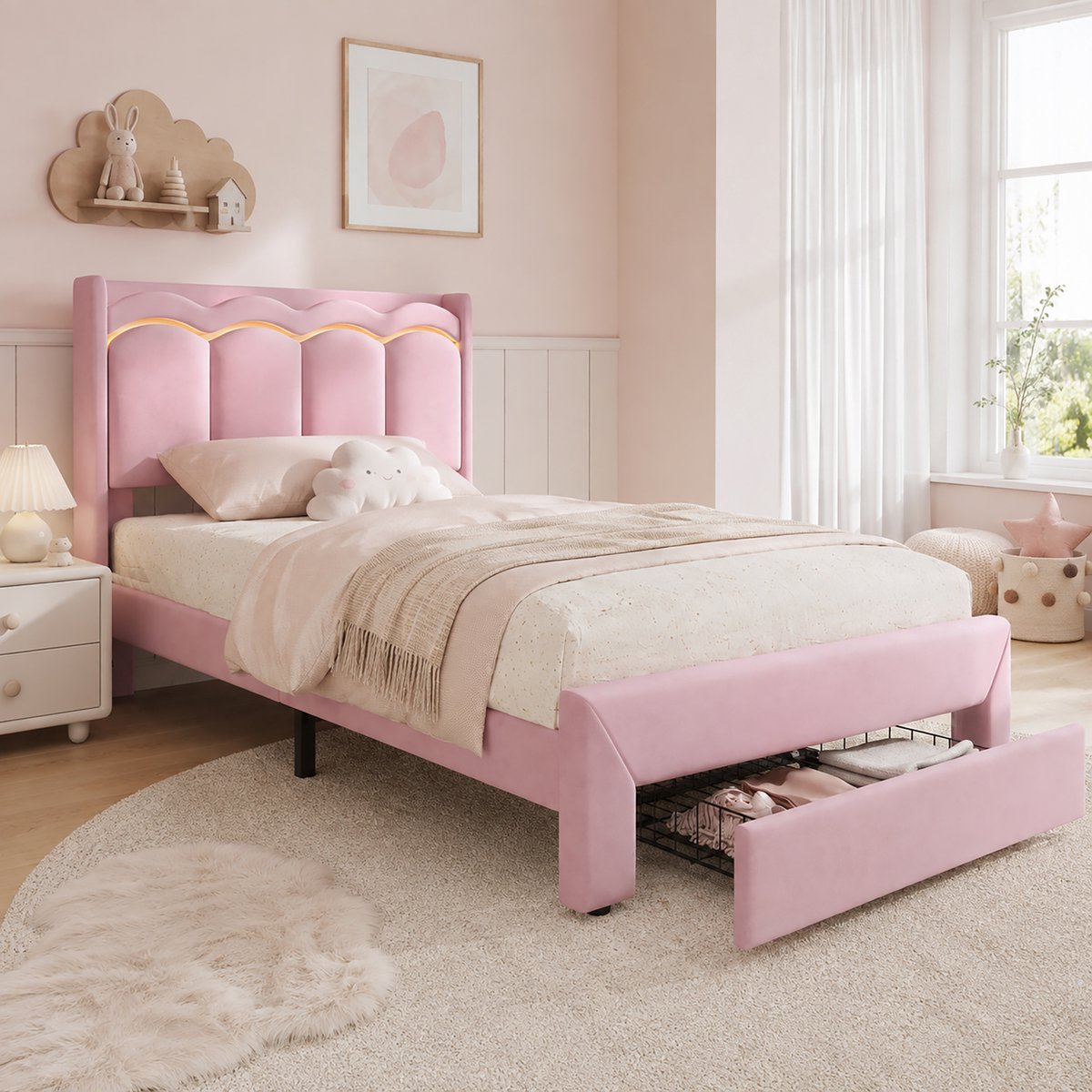 MIVRAY Kinderbed 90x200 cm - Zonder Matras, Met Appgestuurde Ledverlichting en Opberglade - Voor Kinderkamer - Fluwelen Bekleding - Roze