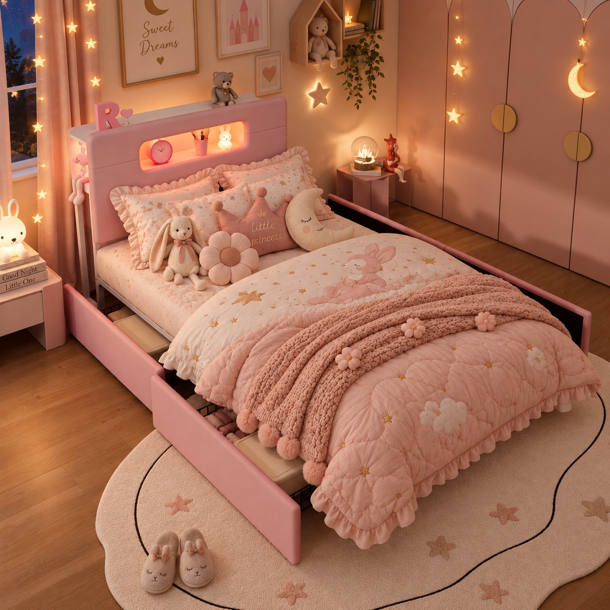 Welltin Kinderbed 90x200 cm - Eenpersoonsbed - Gestoffeerd bed - Opbergbed - Multifunctioneel bed - Met 4 lades - Met planken - Met led-lichtstrip - Met opbergvak - Stevige constructie - Flueel - Roze