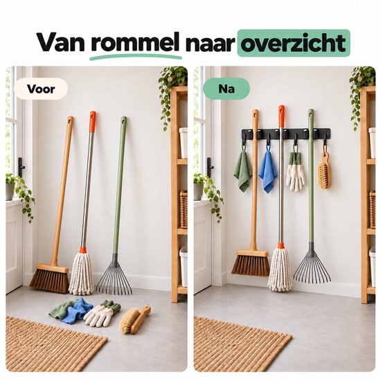 Volcan Bezemhouder - Bezem Ophangsysteem Tuingereedschap - 3 Houders 4 Haken - 3M Tape - Gereedschapshouder - RVS Zwart van Volcan — afbeelding 3
