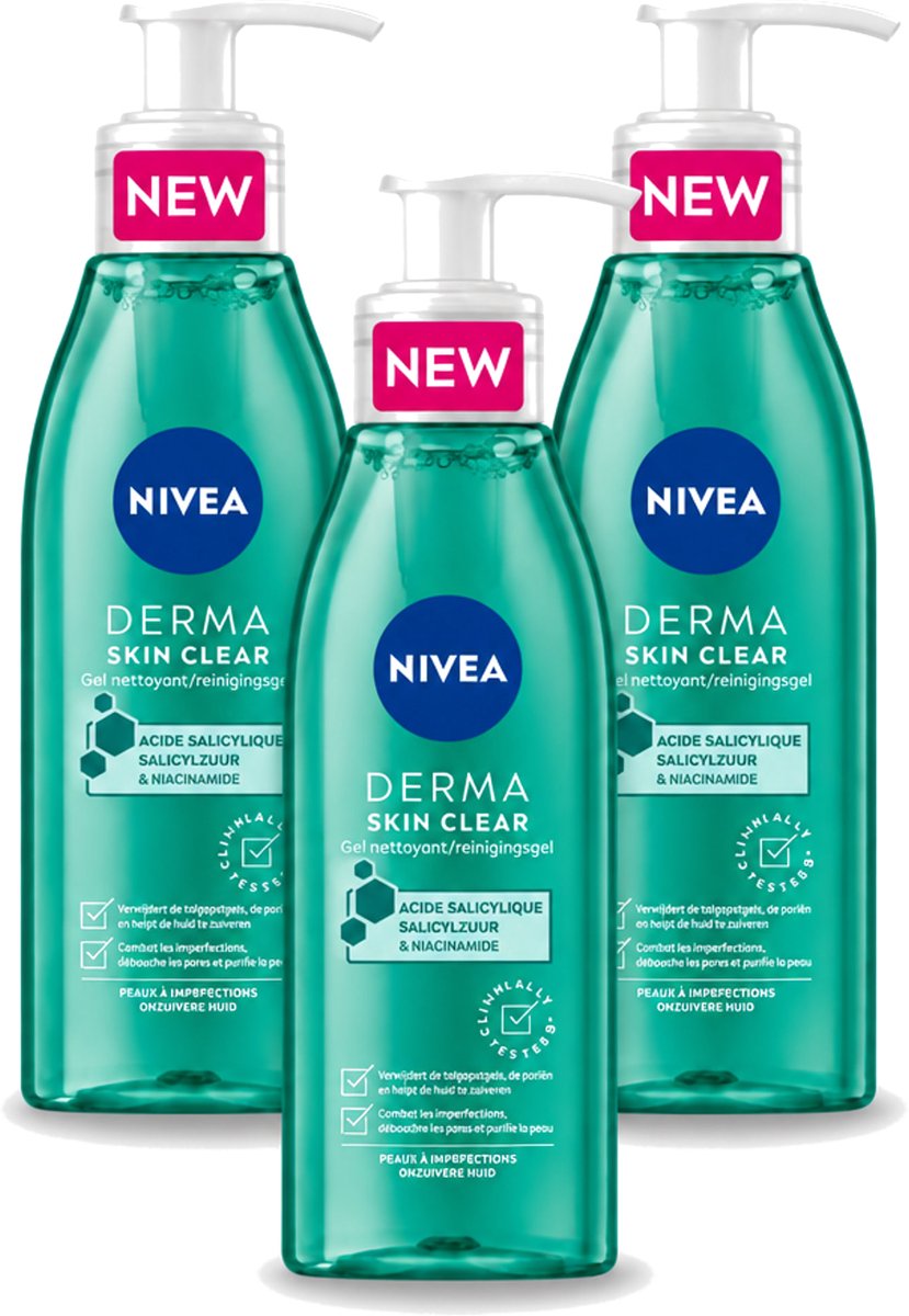 3 x NIVEA - Reinigingsgel - DERMA Huidzuiver - Voor onzuivere huid - Met Salicylzuur (AHA) & Niacinamide - Tegen Acne & Mee-eters - 150 ml - Voordeelverpakking - 3 stuks