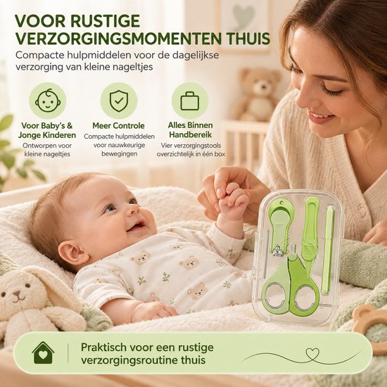 Baby Nagelverzorgingsset - 4-in-1 - Afgeronde Babyschaar - Nagelknipper, Pincet & Vijl - Opbergbox - Groen — afbeelding 3