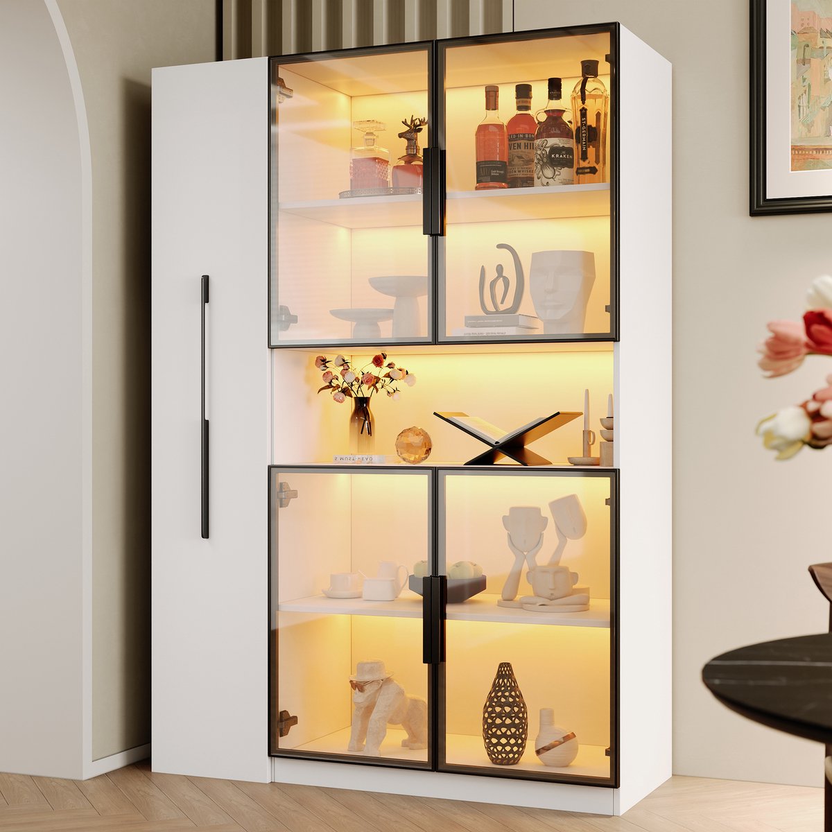REDOM Vitrinekast - LED-verlichting met kleurwisseling - Uittrekbare zijplanken - MDF en glazen front - Wit - 110 x 35 x 160 cm