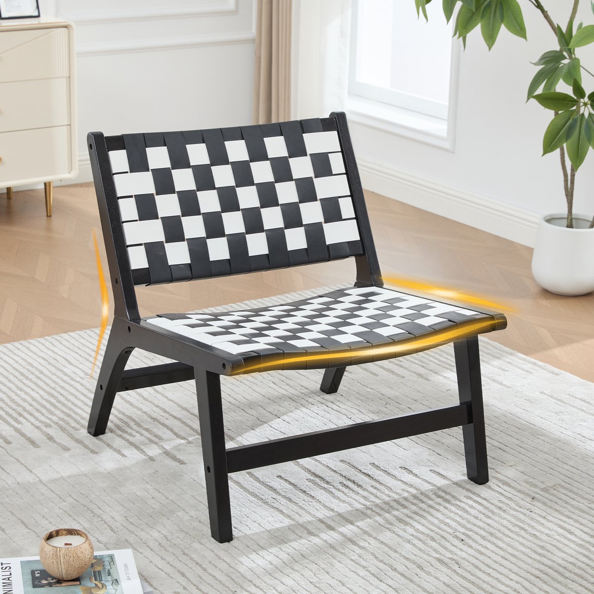 OKWISH Fauteuil 71 X 66 X 72 Cm - Geweven Geblokt Design Zonder Armleuningen - Binnen En Buiten - Hout En PU - Zwart Wit