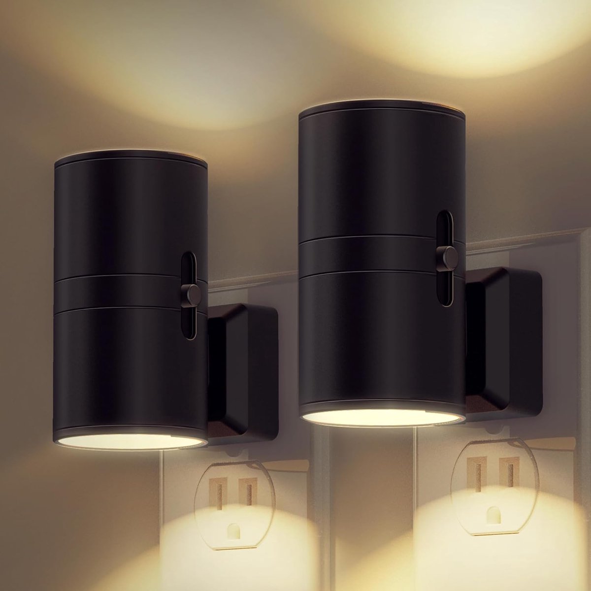 LED-nachtlampje voor in het stopcontact met lichtsensor (zwart) [Energie-efficiëntieklasse A] – 3 lichtkleuren,5 instelbare helderheidsniveaus – Geschikt voor gangen,slaapkamers, kinderkamers, keukens, garages en trappen – Zwart, EU-stekker,set van 2