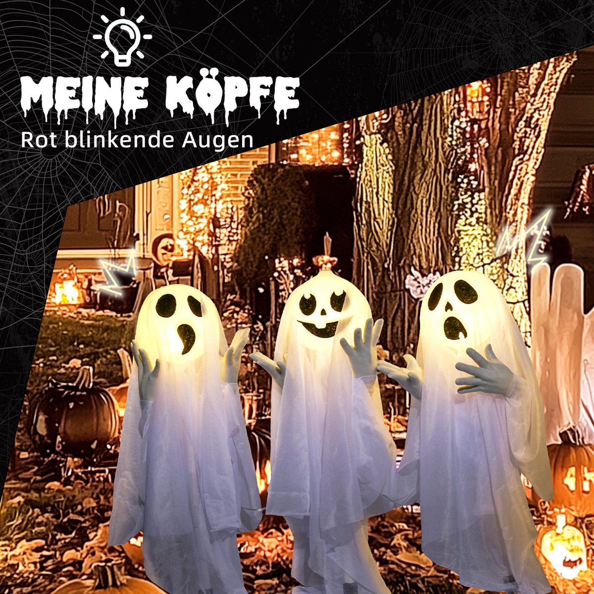TEKROA® Halloween decoratie - 3 lichtgevende spoken - bewegingssensor - 54 x 10 x 60 cm - wit