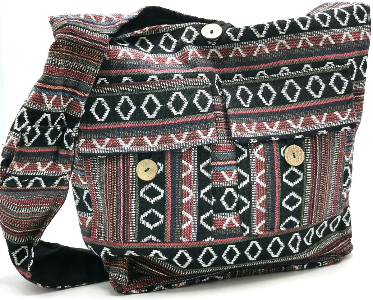 Hobotas van Geweven Stof met Etnisch Patroon - Schoudertas van Stof met rits - Bordeaux/-zwart - (bxhxd) ca. 30cm x 33 cm x 10cm