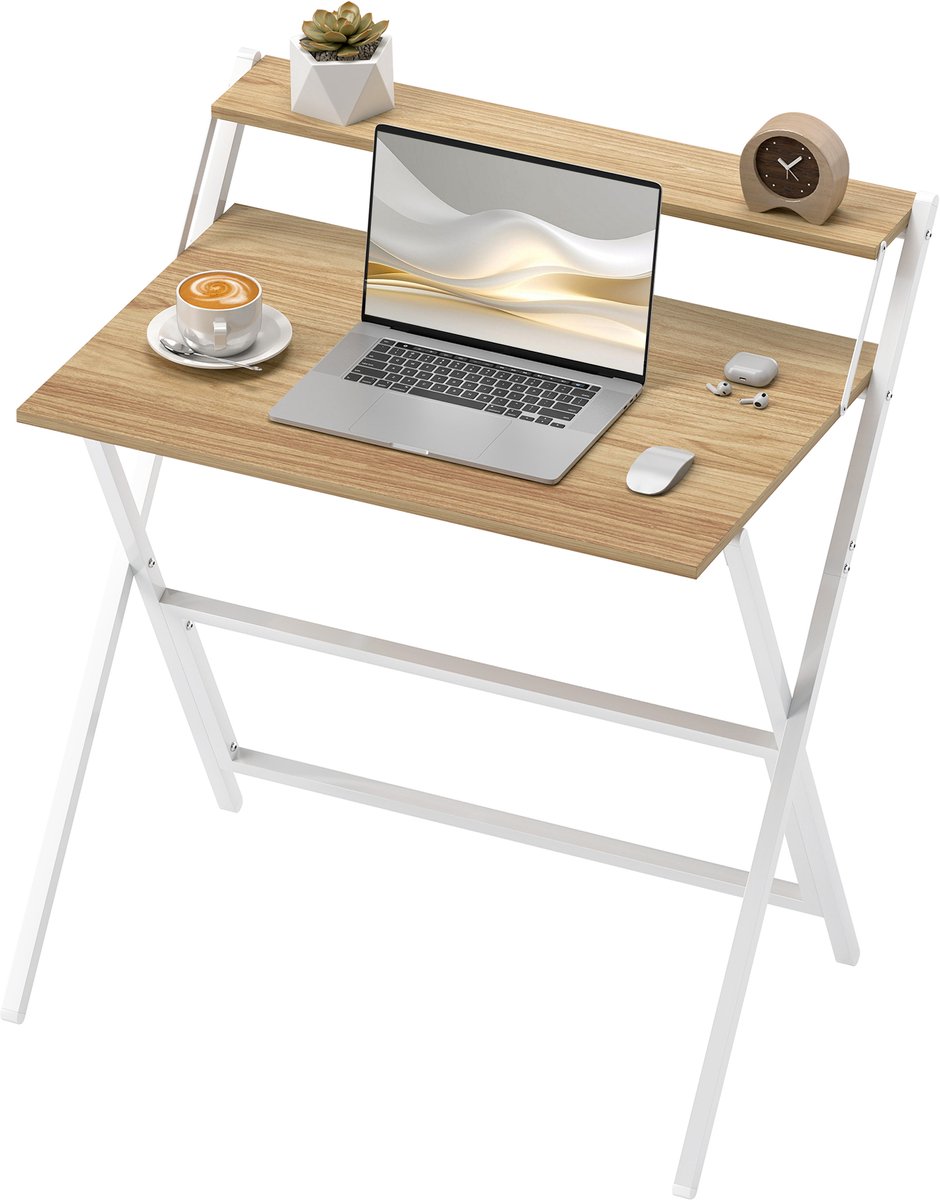 Image of Opvouwbaar Bureau met Monitorstandaard - Ruimtebesparend en Compact - 81.5x62x86.5 cm - Hout en Wit