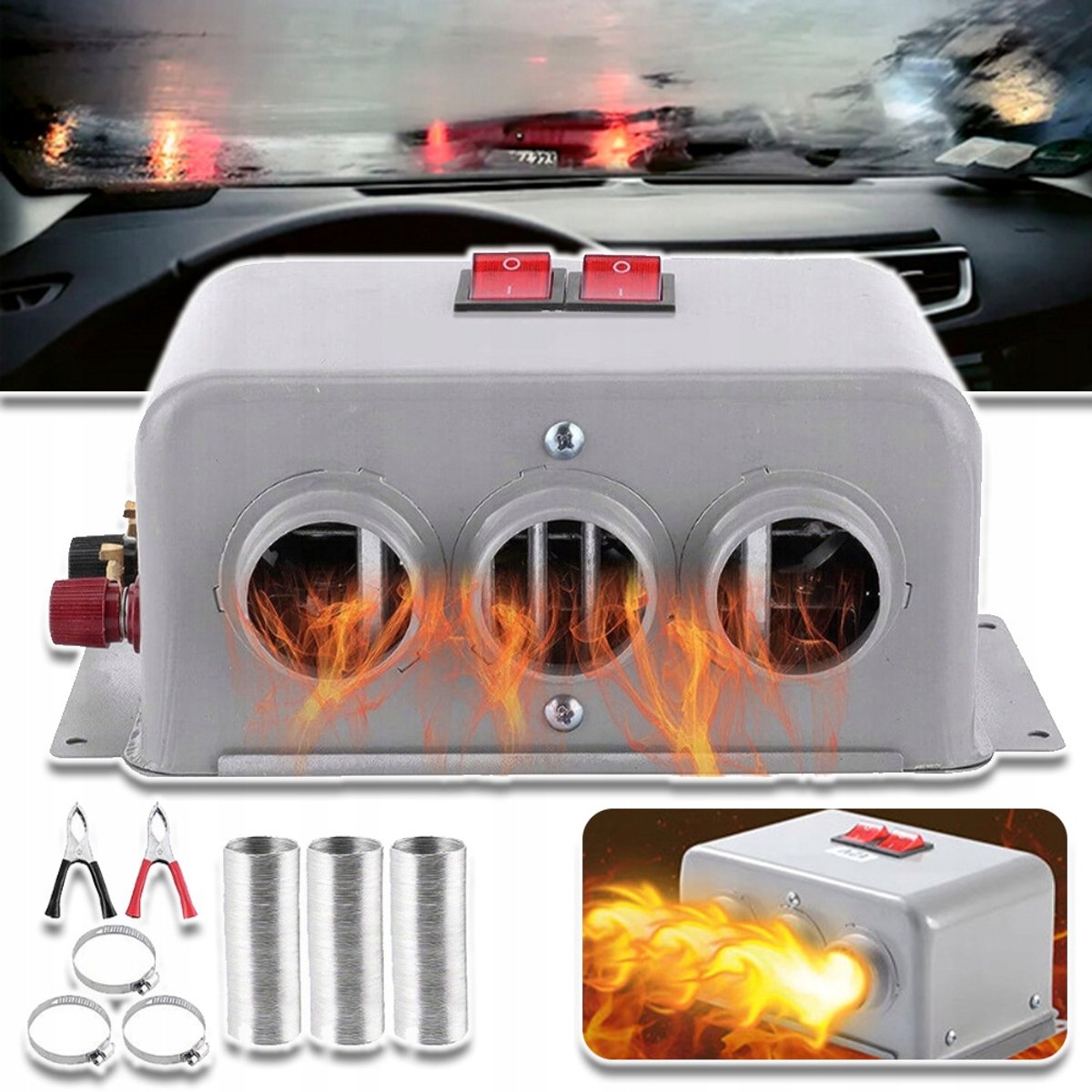 Draagbare Autokachel 12V 400W – PTC Keramisch Verwarmingselement Met 3 Uitlaten – Voorruitontdooier En Anti-Condens – 5 Seconden Snelle Opwarming – Universeel Voor Voertuigen