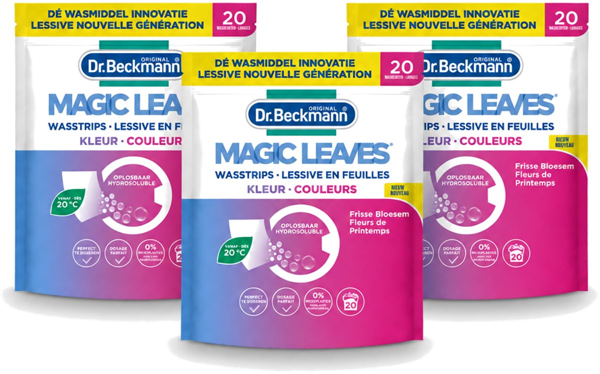 3 x Dr. Beckmann - Magic Leaves - Wasstrips - Gekleurde Was - Frisse Bloesem - 20 Wasbeurten - Voordeelverpakking - 3 stuks