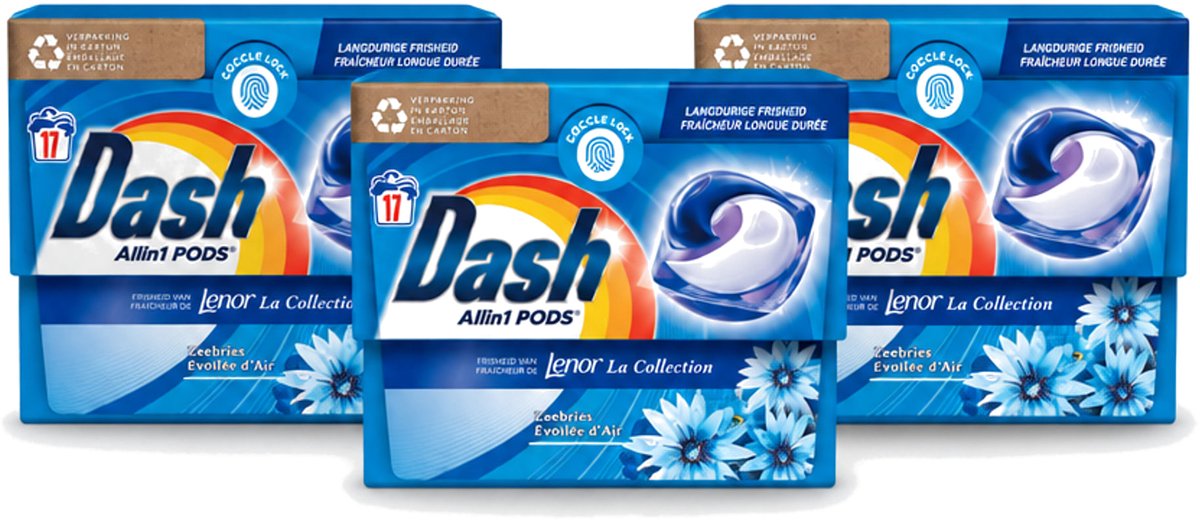 3 x Dash - Lenor Collectie - Wasmiddel Capsules - All-in-1 Pods - Witte en Gekleurde Was - Zeebries - 17 Wasbeurten - Voordeelverpakking - 3 stuks