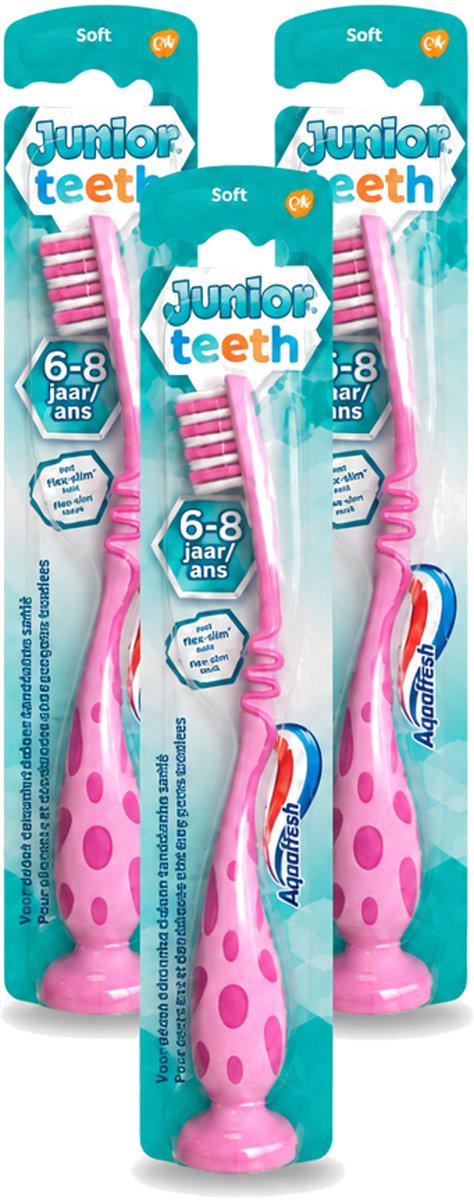 3 x Aquafresh - Junior Teeth Tandenborstel - 6-8 Jaar - Cool Ontwerp - 1 Stuk - Voordeelverpakking - 3 stuks