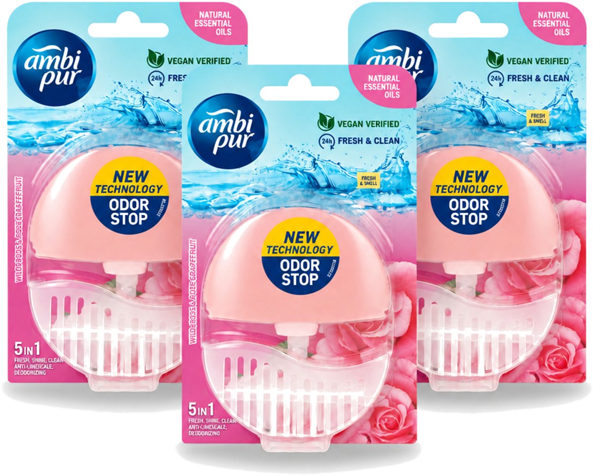 3 x Ambi Pur - Toiletblok - 5in1- Wilde Roos & Roze Grapefruit - 1 Blok - Voordeelverpakking - 3 stuks