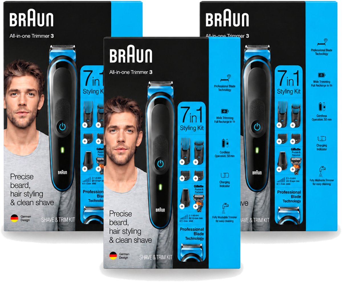 3 x Braun - Trimset - 7-in-1 - 1 Trim Apparaat - 6 Opzetstukken - Bulkverpakking - 3 stuks