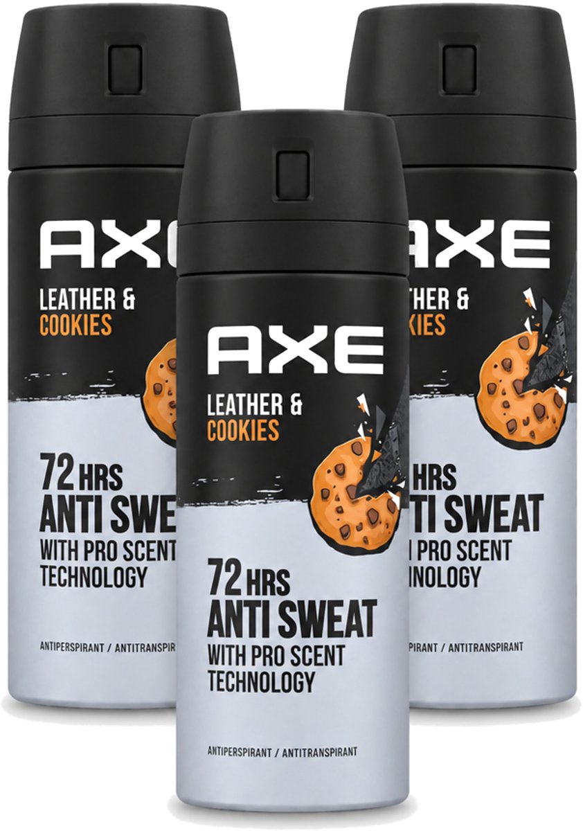 3 x Axe - Deodorant Spray - 72hrs Anti Sweat - Leather & Cookies - 150 ml - Voordeelverpakking - 3 stuks