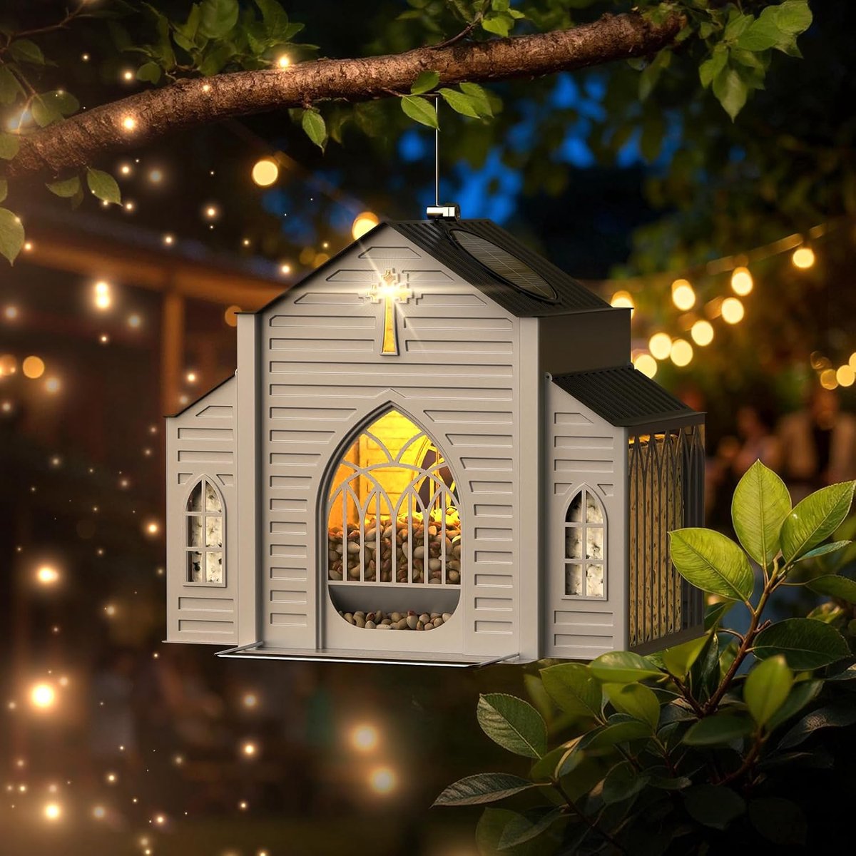 VONKELIOS®zonne-energie metaal wit hangend vetvoederstation voor vogels, vogelvoeder met kruisdecoratie, tuin buiten vogelvoederstation