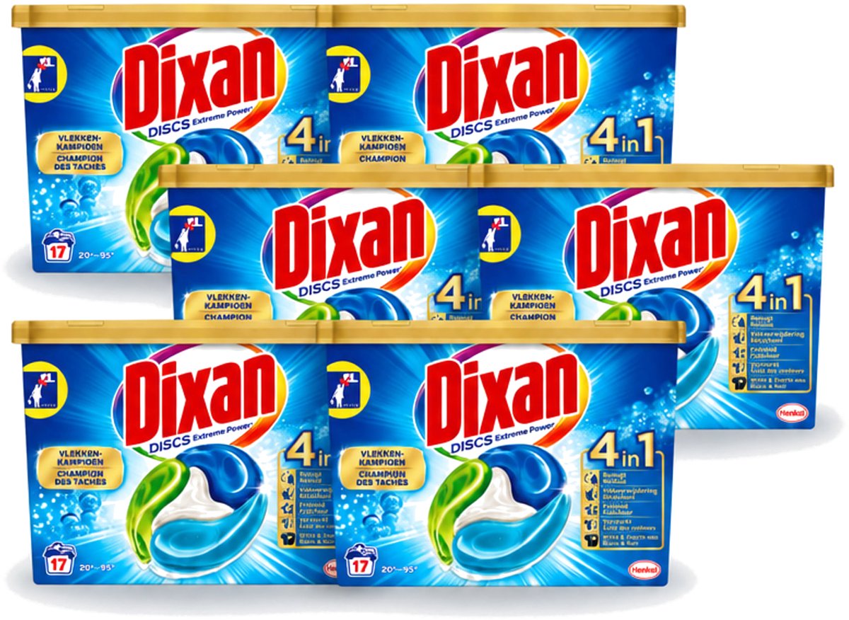 6 x Dixan Discs - Wasmiddelcapsules en Vlekverwijderaar - Extreme Power - Witte, Gekleurde & Zwarte Was - 17 Wasbeurten - Voordeelverpakking - 6 stuks