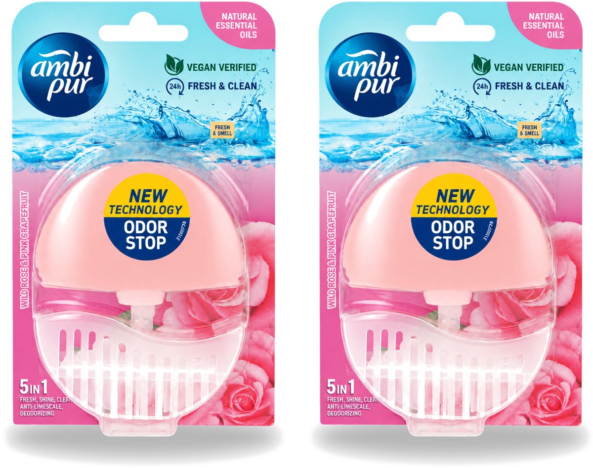 2 x Ambi Pur - Toiletblok - 5in1- Wilde Roos & Roze Grapefruit - 1 Blok - Voordeelverpakking - 2 stuks