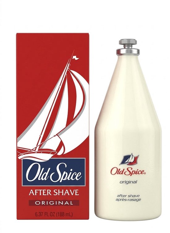 Old Spice Original aftershave fles en verpakking met zeilbootontwerp. Fles is crème van kleur met zilveren dop.