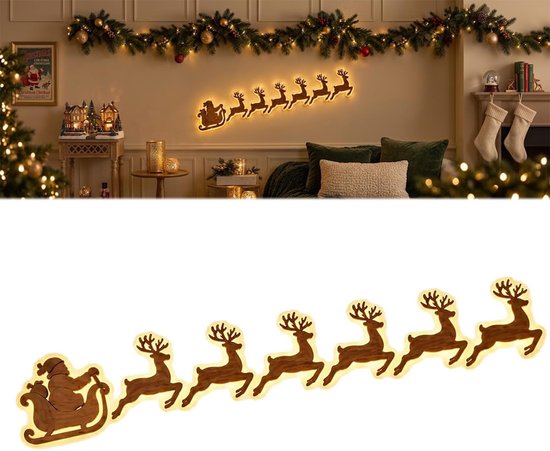 Houten decoratie met rendieren en slee van de kerstman, met warme LED gloed, getoond als product.