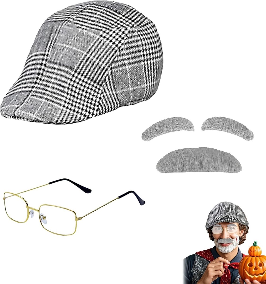 Vintage Opa Verkleedset - Complete Opa Kostuum met Hoed, Bril, Snor en Wenkbrauwen voor Feestjes en Theatrale Optredens