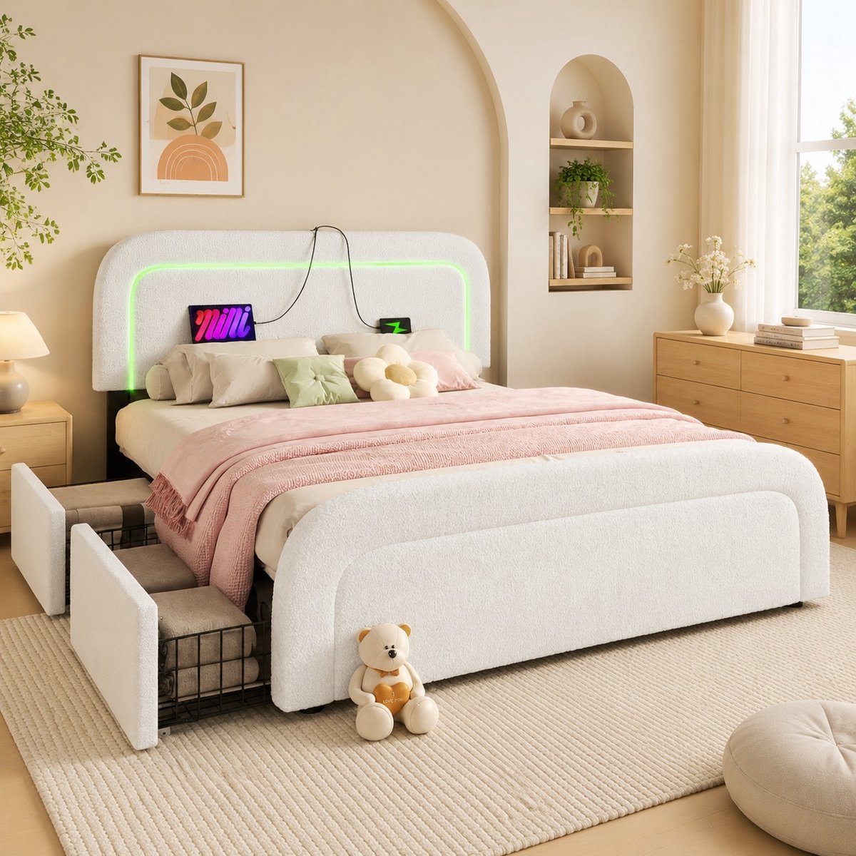 WUVRIE Gestoffeerd bedframe 160x200 cm met USB-C, LED, 4 lades en verstelbaar hoofdbord, wit