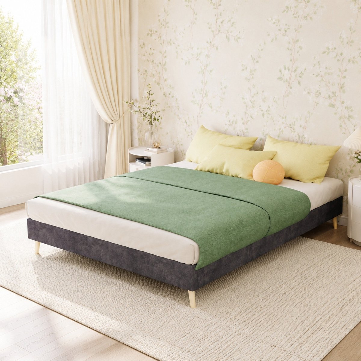 WUVRIE Tweepersoons bedframe 140x200 cm met stoffen bekleding en houten poten, grijs