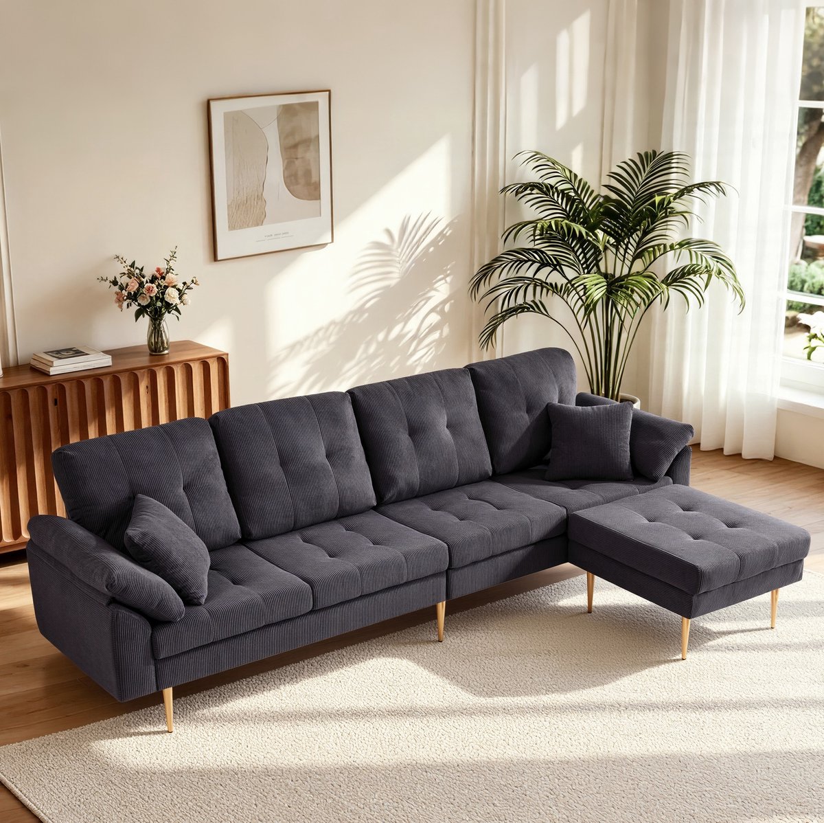 OKWISH Hoekbank 250 Cm - 4-Zits Ribfluwelen Bank Met Losse Hocker En Flexibele L-Vorm - Woonkamer - Stof - Donkergrijs