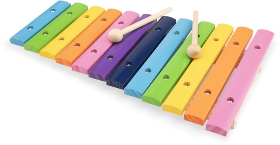 Houten xylofoon met 12 gekleurde staafjes (blauw, groen, geel, oranje, roze, paars, donkerblauw) en 2 houten stokjes.