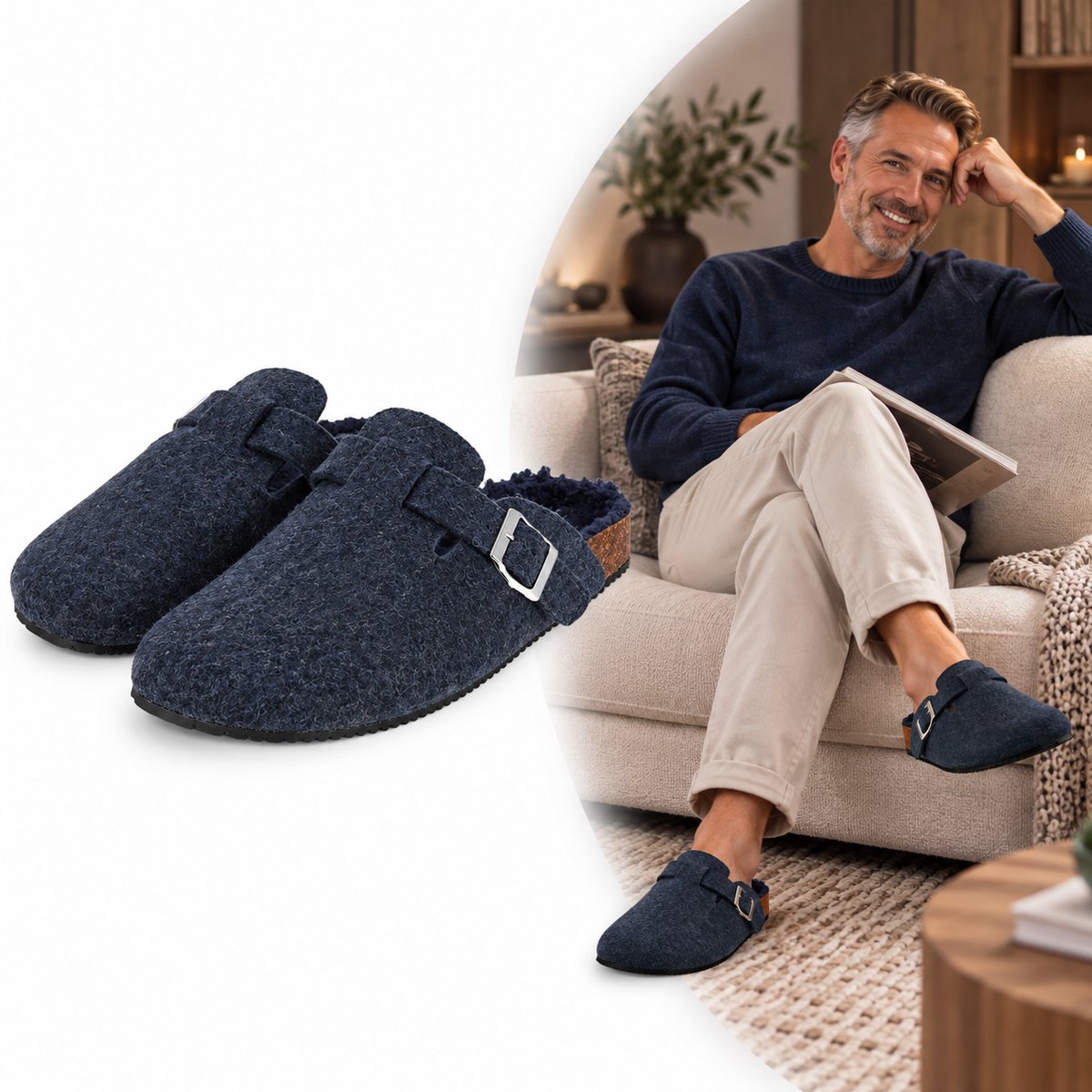 Heat Essentials - Sloffen Heren - Vilt - Gesp - Denim Blauw - Maat 45 46 - Pantoffels Heren -Instap Sloffen Heren - Boston Sloffen